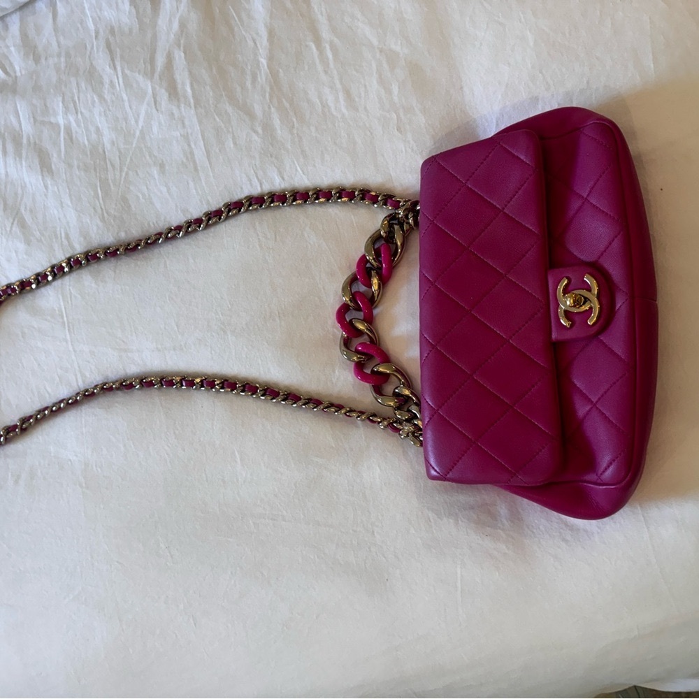 CHANEL Fuchsia and Gold Quilted Shoulder Bag- Authentic